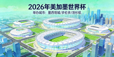 2026年美加墨世界杯举办城市与现代化球场鸟瞰图，展示三国联合举办的盛况