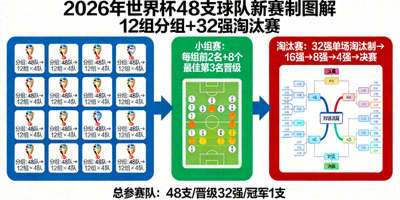 2026年世界杯48队新赛制图解，展示12个小组每组4队及淘汰赛晋级路径