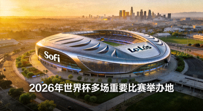 美国洛杉矶SoFi体育场外观，现代化的椭圆形穹顶建筑，2026年世界杯将在此举办多场重要比赛