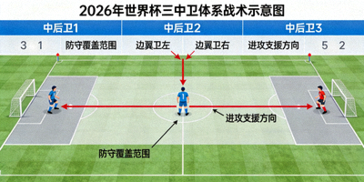 2026年世界杯三中卫体系战术：三名中后卫与边翼卫的防守覆盖与进攻支援示意图