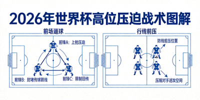 2026年世界杯高位压迫战术图解：前场球员逼抢与防线前压示意图