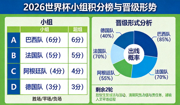 2026世界杯小组积分榜与晋级形势数据图表，展示各队排名与出线概率