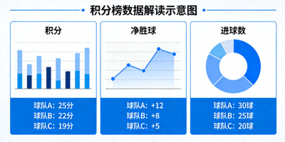 积分榜数据解读示意图，展示积分、净胜球、进球数等关键指标