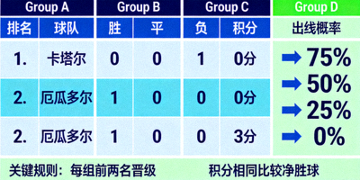 世界杯小组赛晋级形势分析图表，展示各小组积分与出线可能性