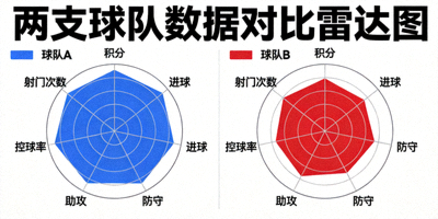 两支球队数据对比雷达图，包含积分、进球、防守等多项指标