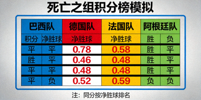 死亡之组积分榜模拟图，展示强队之间激烈的积分竞争
