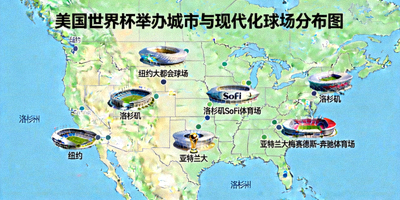 美国世界杯举办城市与现代化球场分布图，包括纽约、洛杉矶、亚特兰大等地