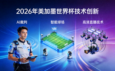 2026年美加墨世界杯技术创新概念图：展示AI裁判、智能球场与高清直播技术