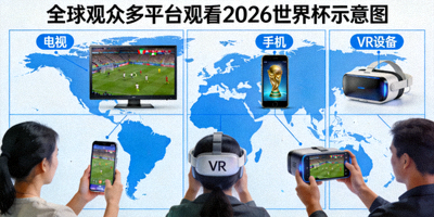 全球观众通过多平台观看2026世界杯的示意图：电视、手机、VR设备